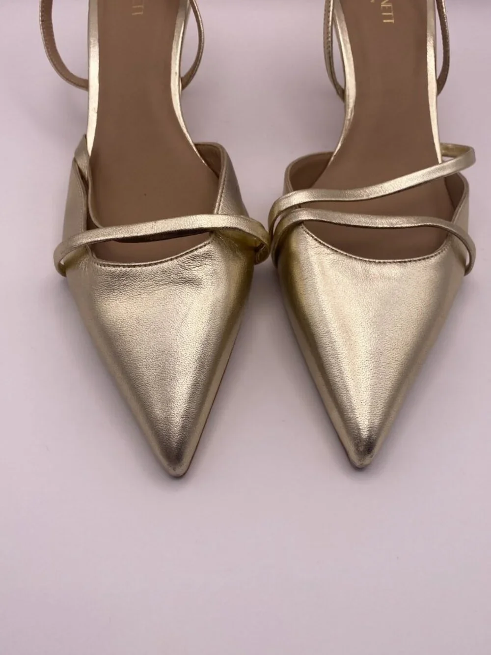 LK Bennett Womans Madely Gold Leather Double Strap Kitten Sz 39/ 9US